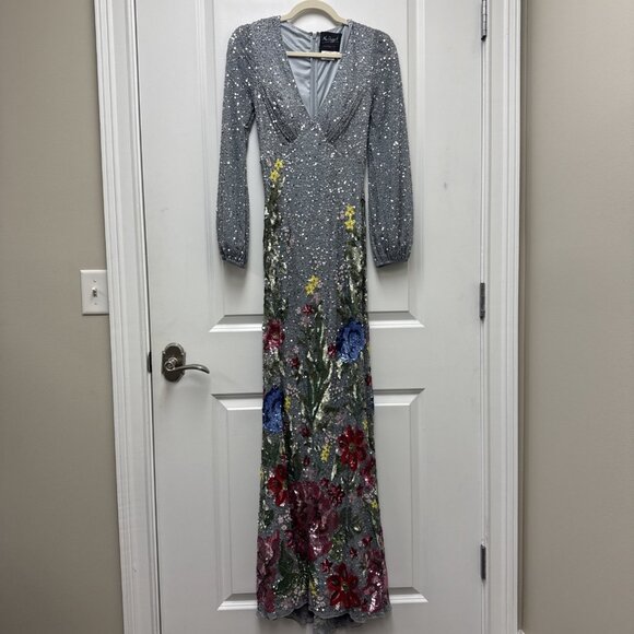 Mac Duggal Size 4 Gray 5542 Floral Sequin Beaded Maxi Formal Gown Dress - Picture 4 of 12